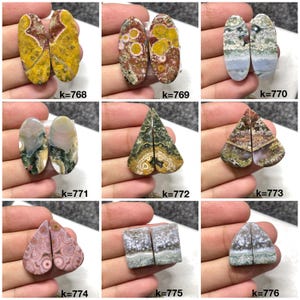 May include: Nine pairs of polished, natural, agate cabochons in various colors and patterns. The cabochons are cut in oval, heart, and rectangular shapes.