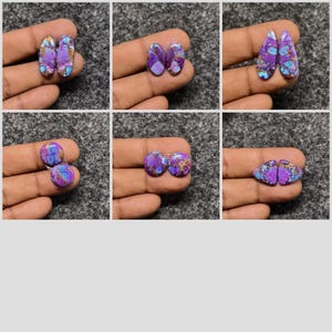 May include: A collection of six images showcasing pairs of polished gemstones. The stones display a mix of purple, blue, and gold hues, with unique patterns and textures. The gemstones are held in a hand, offering a clear view of their shape and color variations.