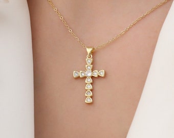 Gold Cross necklace, CZ cross pendant necklace for women, Christmas gift for her