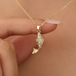 Gold fish pendant necklace for women, CZ pave fish necklace, sea lover gift for her