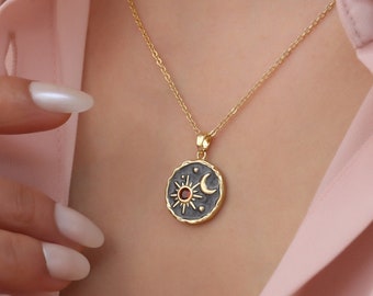 Gold filled sun and moon necklace, layering celestial necklace for women, sun and moon jewellery