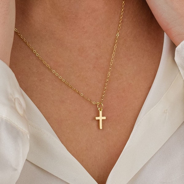 Dainty cross necklace, gold filled tiny cross pendant necklace for women