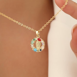 Gold virgin Mary necklace, miraculous pendant necklace, Colourful Virgin Mary pendant necklace for women, religious necklace