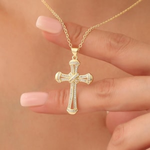 Gold Kreuz Halskette, Gold gefüllte CZ Kreuz Anhänger Halskette, religiöses Geschenk für Christen