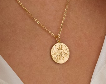 Gold medallion necklace, gold filled coin necklace, protection angel necklace for women