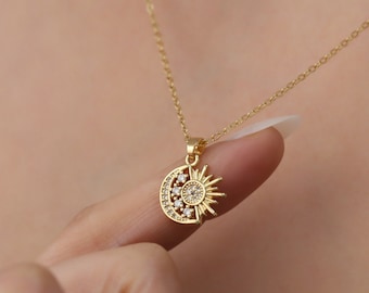 Gold sun and moon necklace, 18k gold filled moon and star necklace, celestial necklace for women
