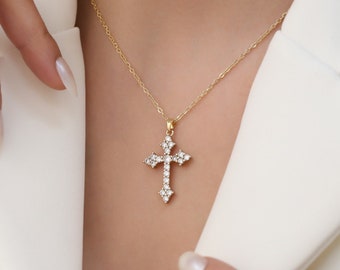 Kreuz Halskette, 18K Gold gefüllt Kreuz Anhänger Halskette, Diamant Kreuz Halskette für Frauen, religiöses Schmuck Geschenk für sie