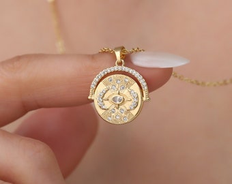 Gold filled medallion necklace, sun and moon coin necklace for women, celestial necklace