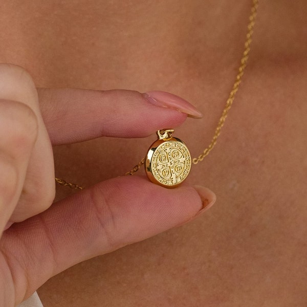 Gold filled St Benedict necklace, gold protection medallion necklace, religious necklace for women