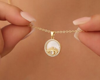 Gold evil eye necklace for women, mother of pearl eye pendant, protection necklace
