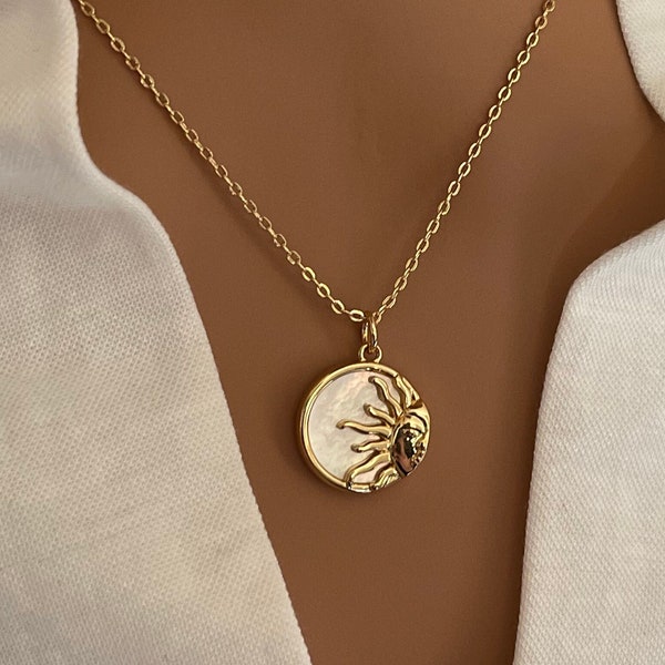 Gold filled sun necklace, mother of pearl sun pendant necklace, celestial jewellery