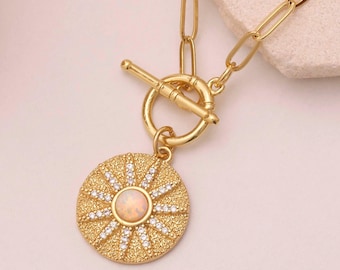 Gold Opal Sun Necklace, Toggle clasp celestial Pendant,  Christmas gift for women