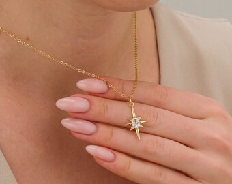 Gold north star necklace, 18k celestial necklace for women, dainty star necklace