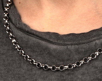 Collar de cadena rolo de plata para hombre, cadena de eslabones redondos resistente al agua y al deslustre, collar duradero y de uso diario.