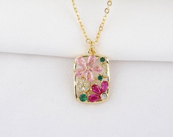 Gold flower pendant necklace, pink flower necklace for women, medallion flower necklace