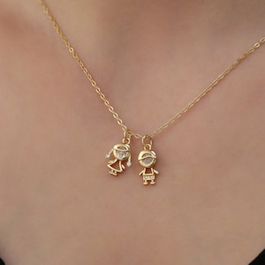 Boy and girl pendant necklace,18K Gold filled CZ necklace for mother, best friend gift, gift for siblings