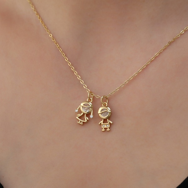 Boy and girl pendant necklace,18K Gold filled CZ necklace for mother, best friend gift, gift for siblings