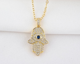 Gold hamsa hand necklace, evil eye protection necklace for women, lucky amulet necklace