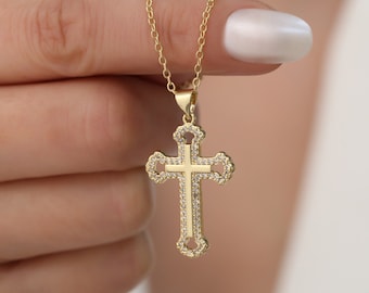 Gold cross necklace, gold filled cross pendant necklace for women, religious necklace