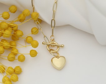Gold paperclip necklace with toggle clasp, heart pendant toggle necklace for women