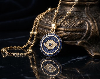 Gold evil eye necklace, gold coin pendant necklace for women, protection necklace, mininmalist spiritual good luck charm
