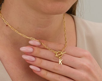 Gold initial necklace, 18K Gold filled initial letter necklace for women, paperclip chain, toggle clasp letter necklace