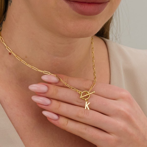 Gold initial necklace, 18K Gold filled initial letter necklace for women, paperclip chain, toggle clasp letter necklace