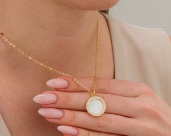 Gold Perlmutt Halskette, 18k Gold filled Perlen Anhänger Halskette für Frauen, Perlen Medaillon Halskette