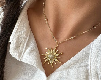 Gold filled sun necklace, Zirconia sun pendant necklace for women, sun jewellery