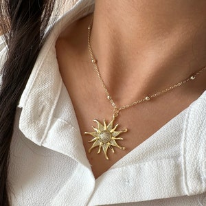 Gold filled sun necklace, Zirconia sun pendant necklace for women, sun jewellery