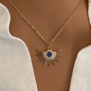 Gold filled sunburst evil eye necklace, gold protection necklace for women, evil eye pendant
