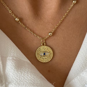 Gold filled evil eye necklace, gold coin pendant necklace for women, non tarnish protection necklace
