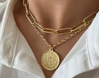 Gold filled coin medallion necklace, layer paperclip necklace, link chain necklace set