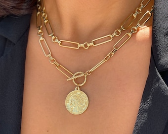 Gold Coin Medallion Necklace, Layered Link Chain Necklace, Paperclip Necklace