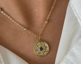 Gold filled flower pendant necklace, evil eye coin necklace for women, gold filled jewellery