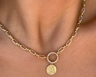 Gold guardian angel necklace, 18K gold filled medallion necklace, layering necklace for women