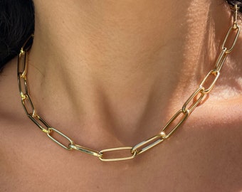 gold chunky paperclip chain necklace, gold necklace for women, gold necklace for layer, chain choker gold, link necklace 18k