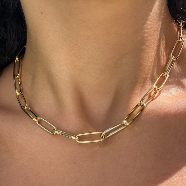 gold chunky paperclip chain necklace, gold necklace for women, gold necklace for layer, chain choker gold, link necklace 18k