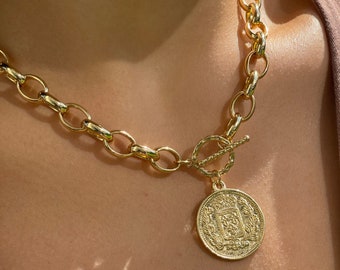 Gold coin necklace, 18k gold filled medallion necklace, link chain roman coin necklace