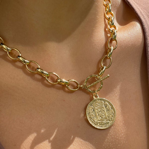 Gold coin necklace, 18k gold filled medallion necklace, link chain roman coin necklace