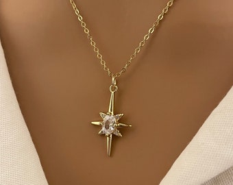 Gold north star necklace, 18K gold filled star necklace, celestial necklace for women