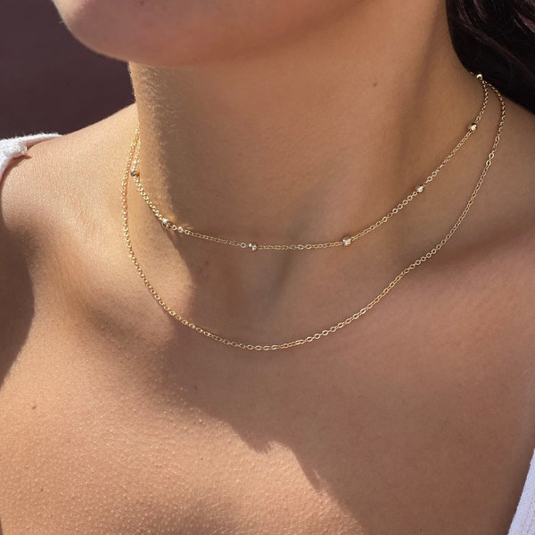 18K Gold Filled Layered Necklace, beaded chain necklace set, satellite choker necklace for women