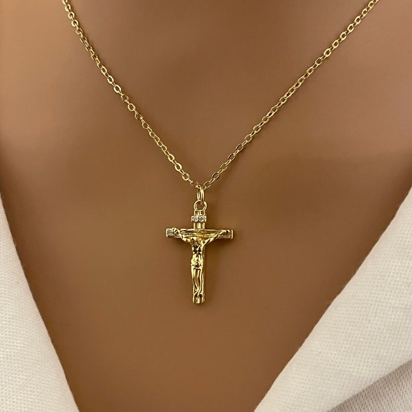 Collier Jésus en or, collier pendentif croix en gold filled pour femme, cadeau religieux pour chrétiens