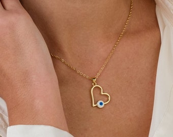 Goldfarbene Herz Evil Eye Halskette, Gold gefüllte Schutz Halskette für Frauen, Evil Eye Schmuck