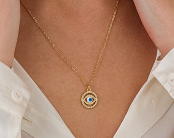 Gold evil eye necklace, 18K gold filled evil eye pendant necklace for women, protection eye necklace nazar jewelry