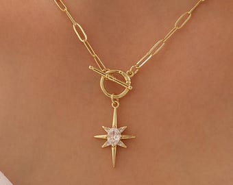 Gold North Star Necklace,Toggle Clasp Star Pendant ,Celestial Jewelry ,Christmas Gift for Women