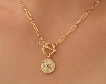 Gold Evil Eye Necklace , Toggle Paperclip Chain with Blue Eye Pendant , Protection Jewelry Gift