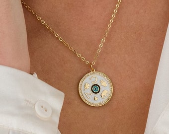 Gold filled evil eye necklace, lucky pendant protection necklace for women, evil eye jewellery