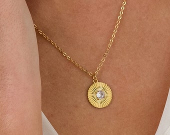 Gold filled sunburst necklace, dainty zirconia necklace for women, sunburst jewellery