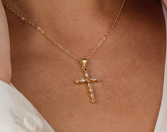 Gold-Kreuz-Halskette, 18K goldgefüllte Kreuz-Anhänger-Halskette, Gebetskette, Jesus-Halskette, Weihnachtsgeschenk für Frauen